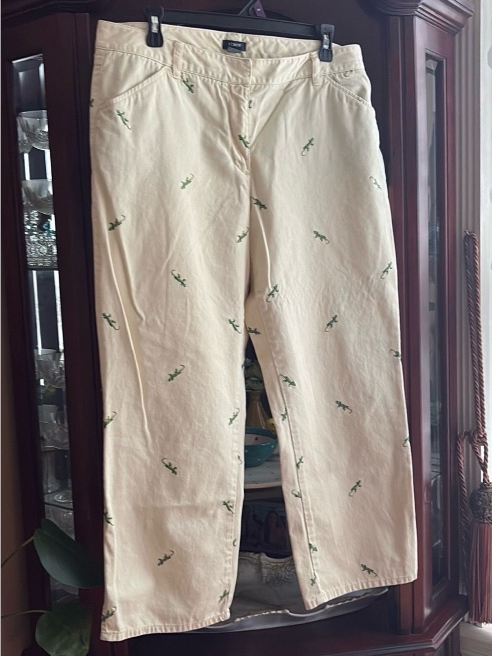 J. Crew Cream Cropped Pants with Green Lizard Embroidery
